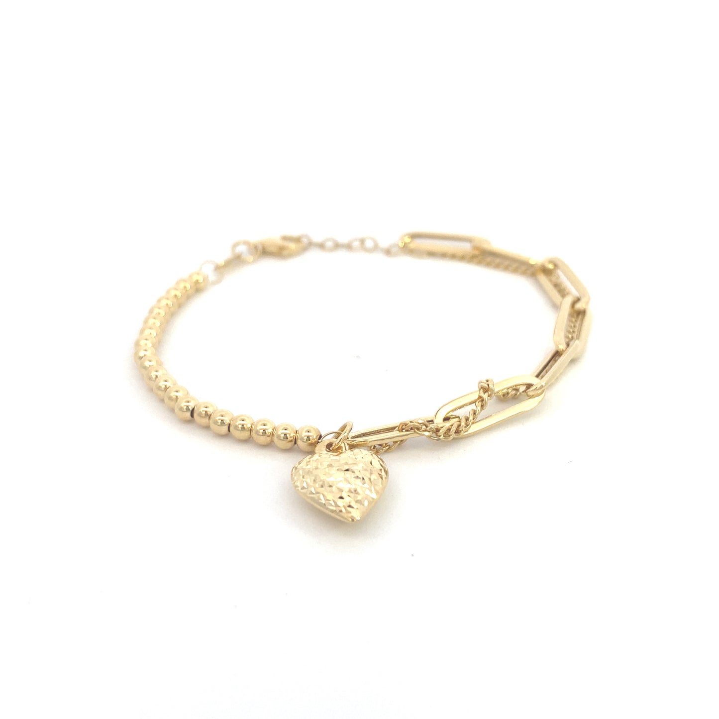 14K Gold Paper Clip Double Bracelet with Dangle Heart | Luby Gold Collection | Luby