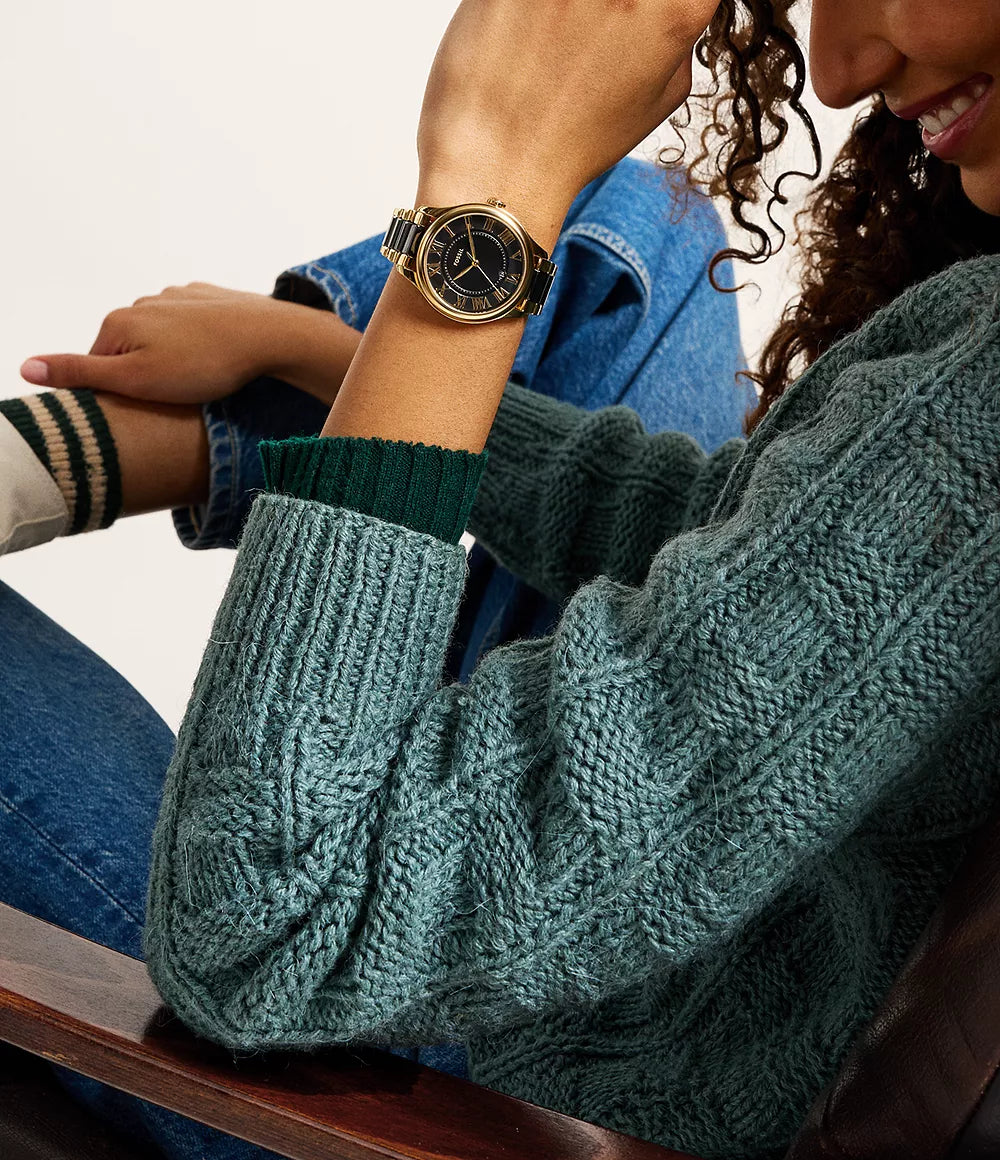 Gilmore Three-Hand Date Gold-Tone and Black Ceramic Watch | Fossil | Luby