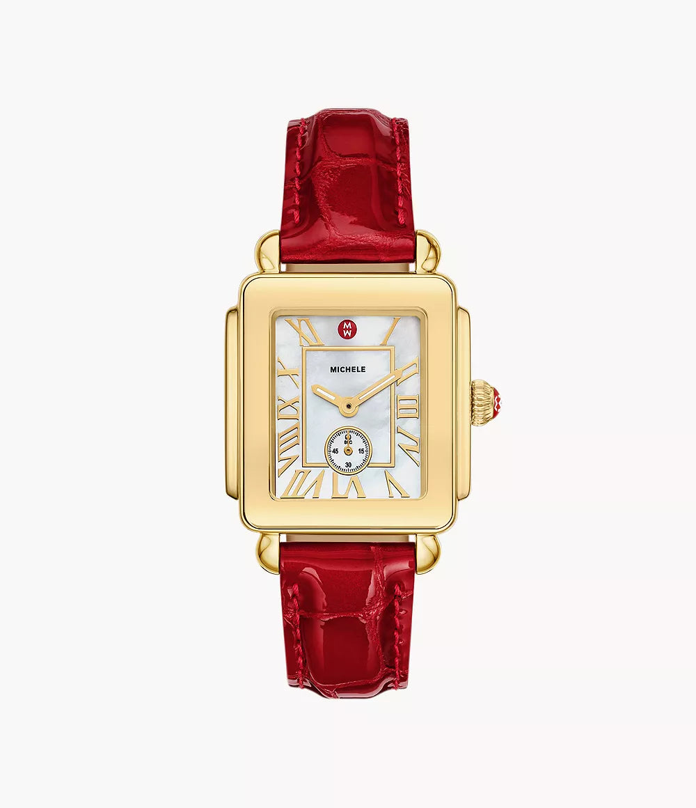 Deco Sport Mid Gold-Plated Ruby Red Leather Watch | Michele | Luby