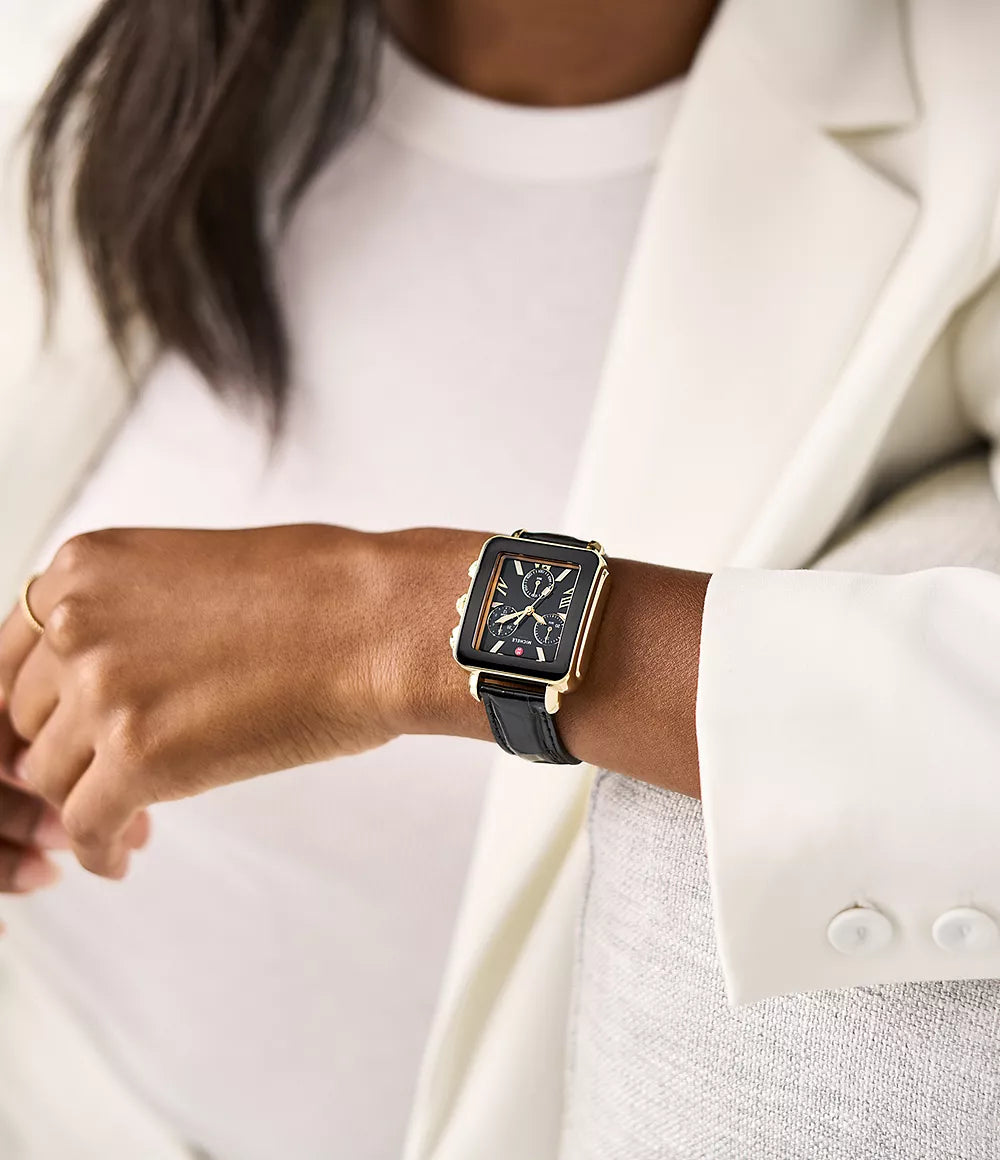 Deco Sport Chronograph 18K Gold-Plated Stainless Steel Noir Leather Watch | Michele | Luby