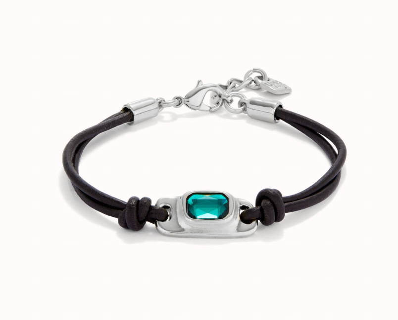 Pulsera de cuero bañada en plata de ley con cristal verde | Uno de 50 | Luby