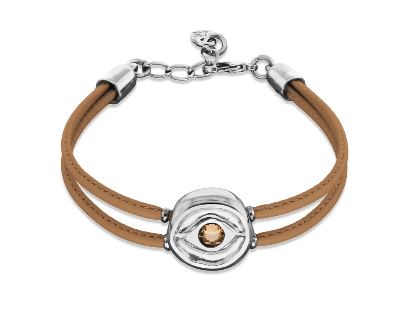 Double Cream Leather Metal Alloy Eye Detail Pleated Sterling Silver Crystal Bracelet | Uno de 50 | Luby