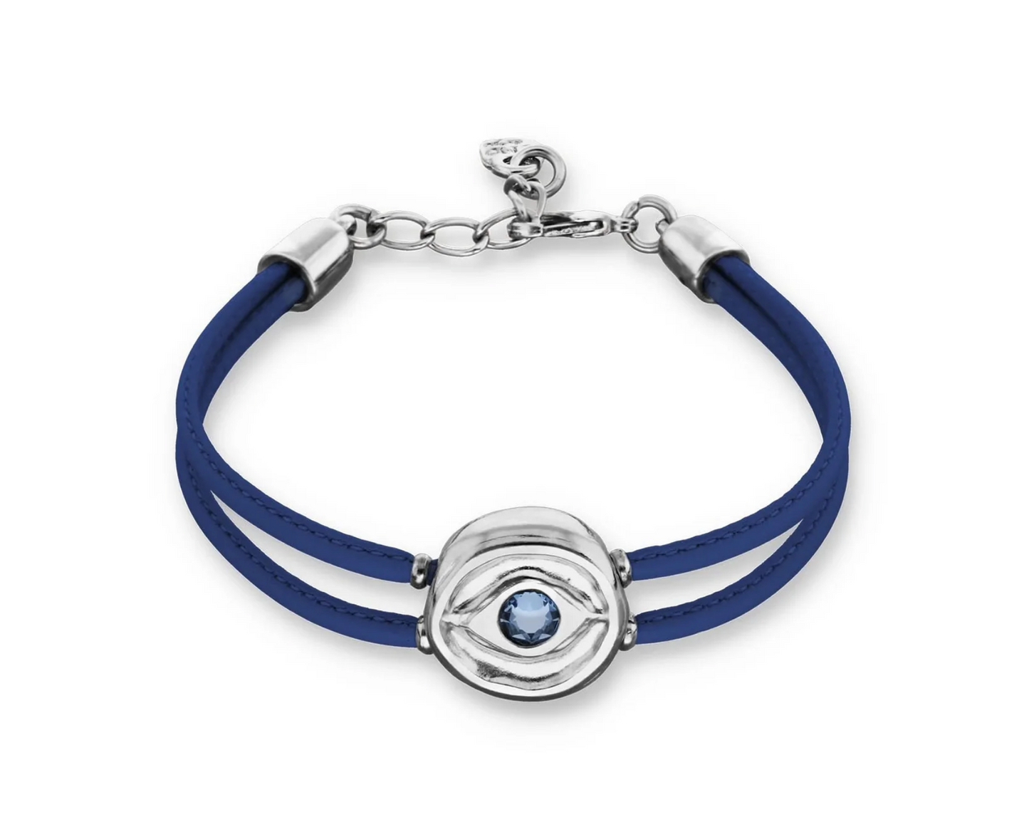 Double Dark Blue Leather Metal Alloy Eye Pleated Sterling Silver Crystal Bracelet | Uno de 50 | Luby