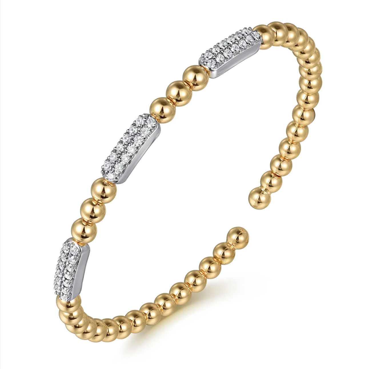 14K White and Yellow Gold Diamond Pave Three Station Bar Bujukan Beads Split Bangle Bracelet