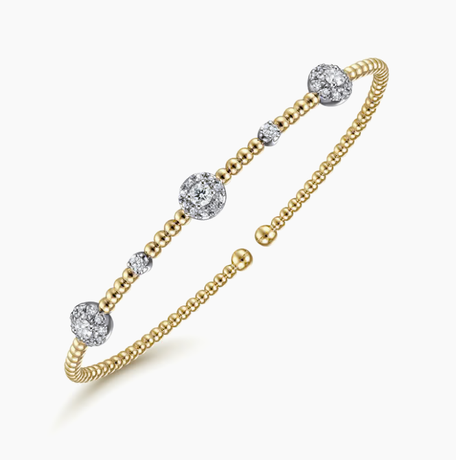 14K White-Yellow Gold Bujukan Diamond Cluster Stations Bangle
