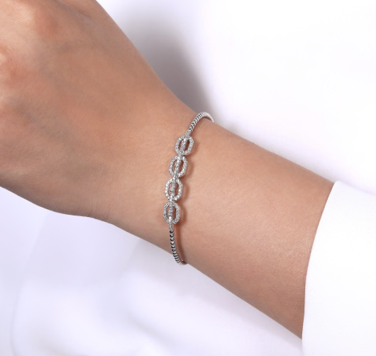 14K White Gold Bujukan Bead Cuff Bracelet with Diamond Pave Links With Lock
