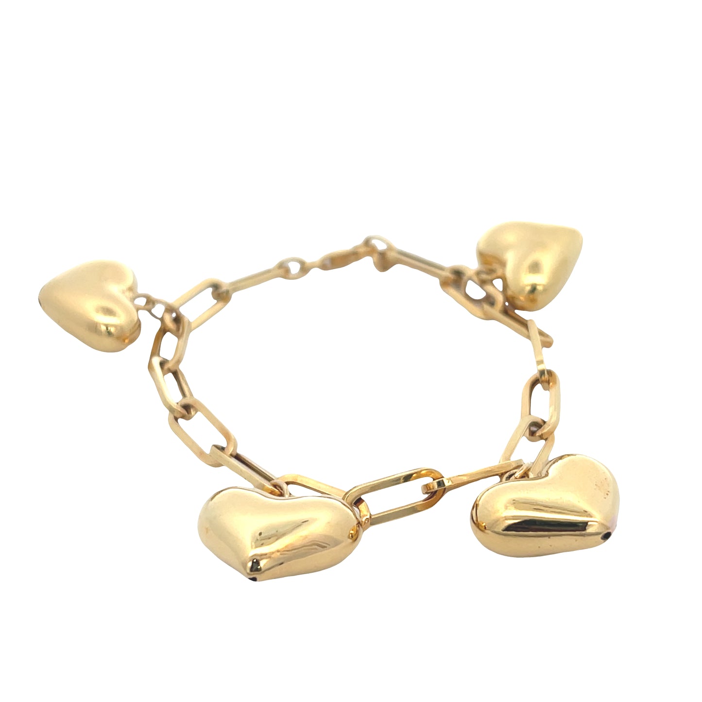 14K Gold Paper Clip Bracelet with Dangling Puff Hearts | Luby Gold Collection | Luby