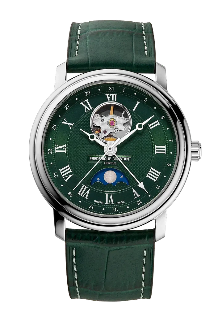Classic Heart Beat Moonphase Green Dial and Green Leather Strap Watch | Frederique Constant | Luby