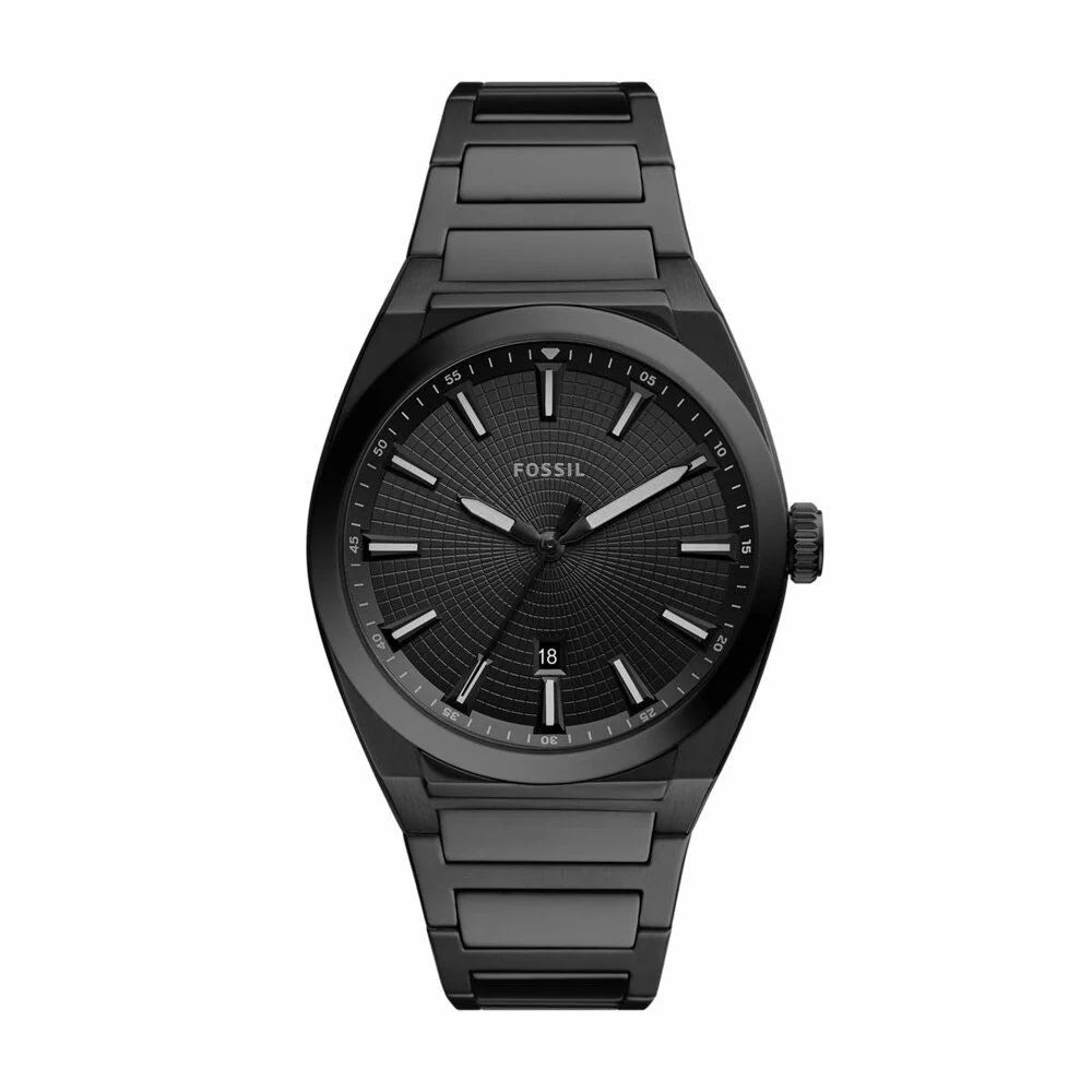 Everett Three-Hand Date Black Stainless Steel Watch | Fossil | Luby