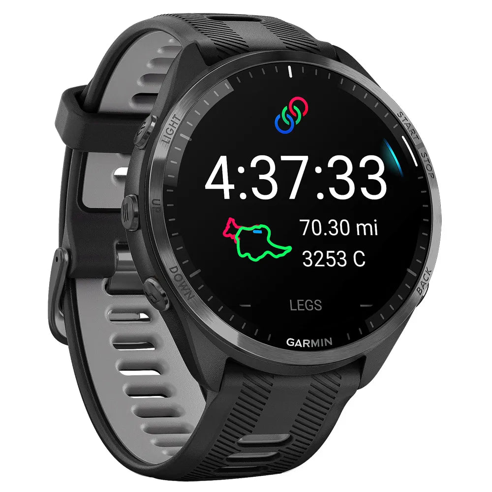 Forerunner® 965 Carbon Gray DLC Titanium Bezel with Black Case and Black/Powder Gray Silicone Band | Garmin | Luby