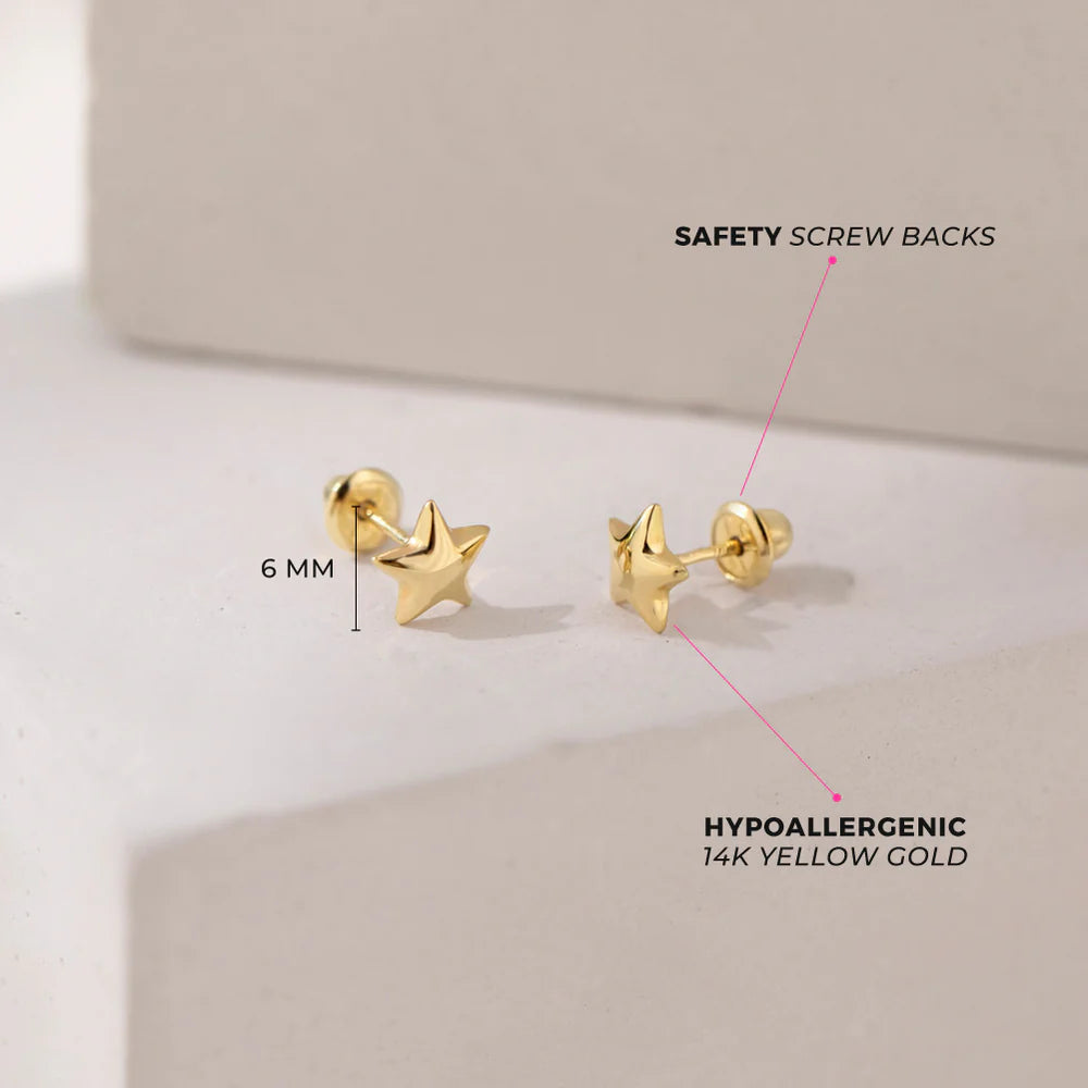 14k Puffed Star Toddler Girl Earrings | Children Collection | Luby