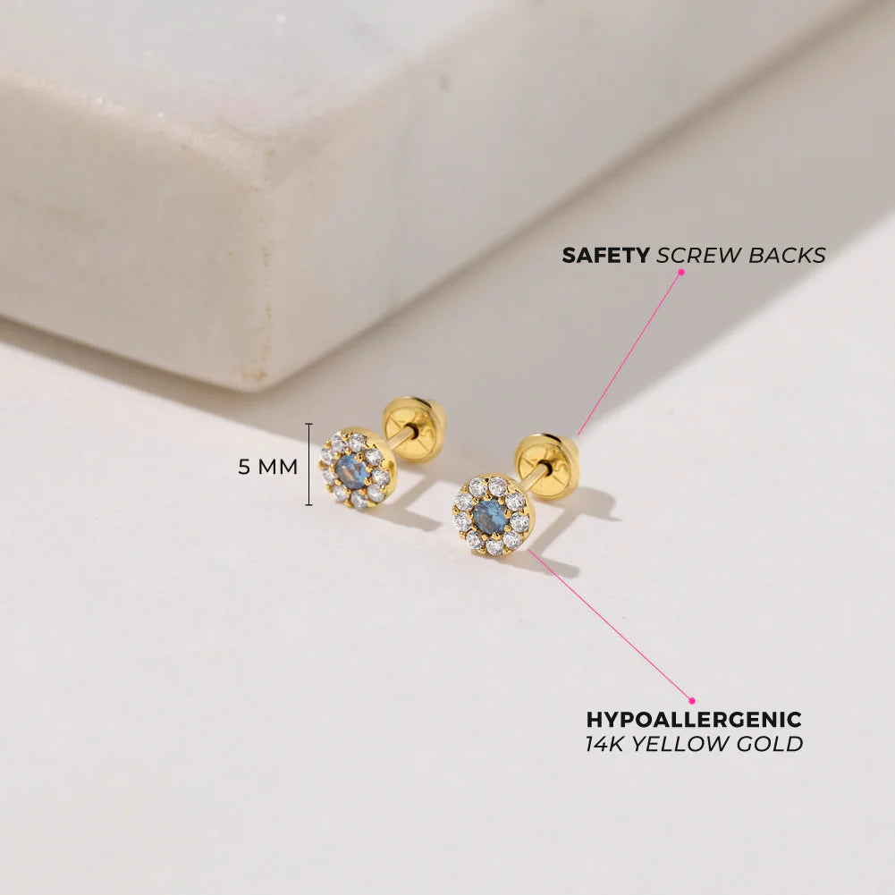 14k Round CZ Burst Girl Earrings | Children Collection | Luby