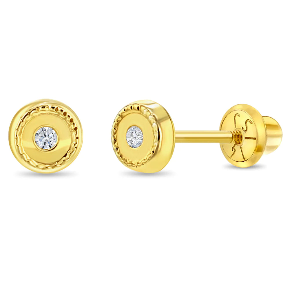 14k Round Bezel Set Girl Earrings | Children Collection | Luby