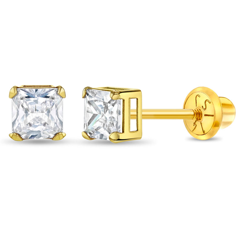 14k Gold Square Prong Set Girls Earrings | Children Collection | Luby