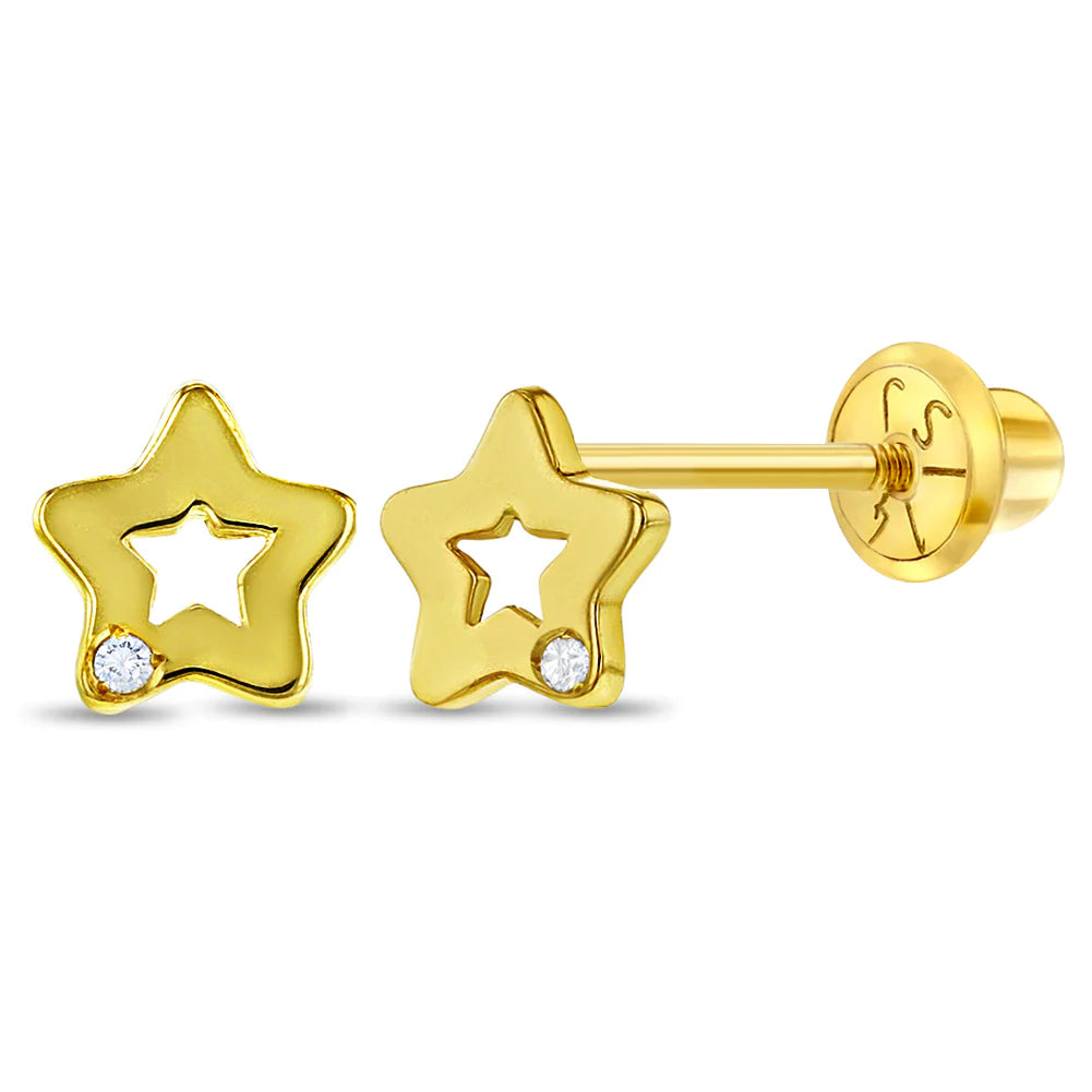 14k Genuine Diamond Open Star Girls Earrings | Children Collection | Luby