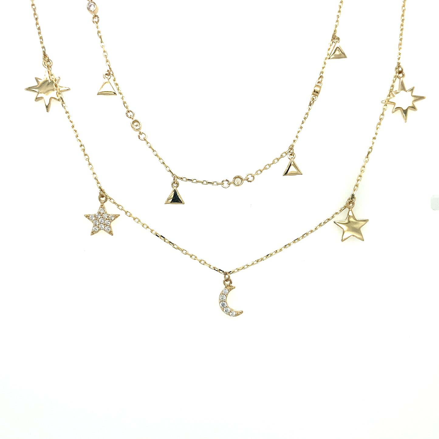 14K Ultra Fancy Necklace Moon and Stars with Zirconia | Luby Gold Collection | Luby