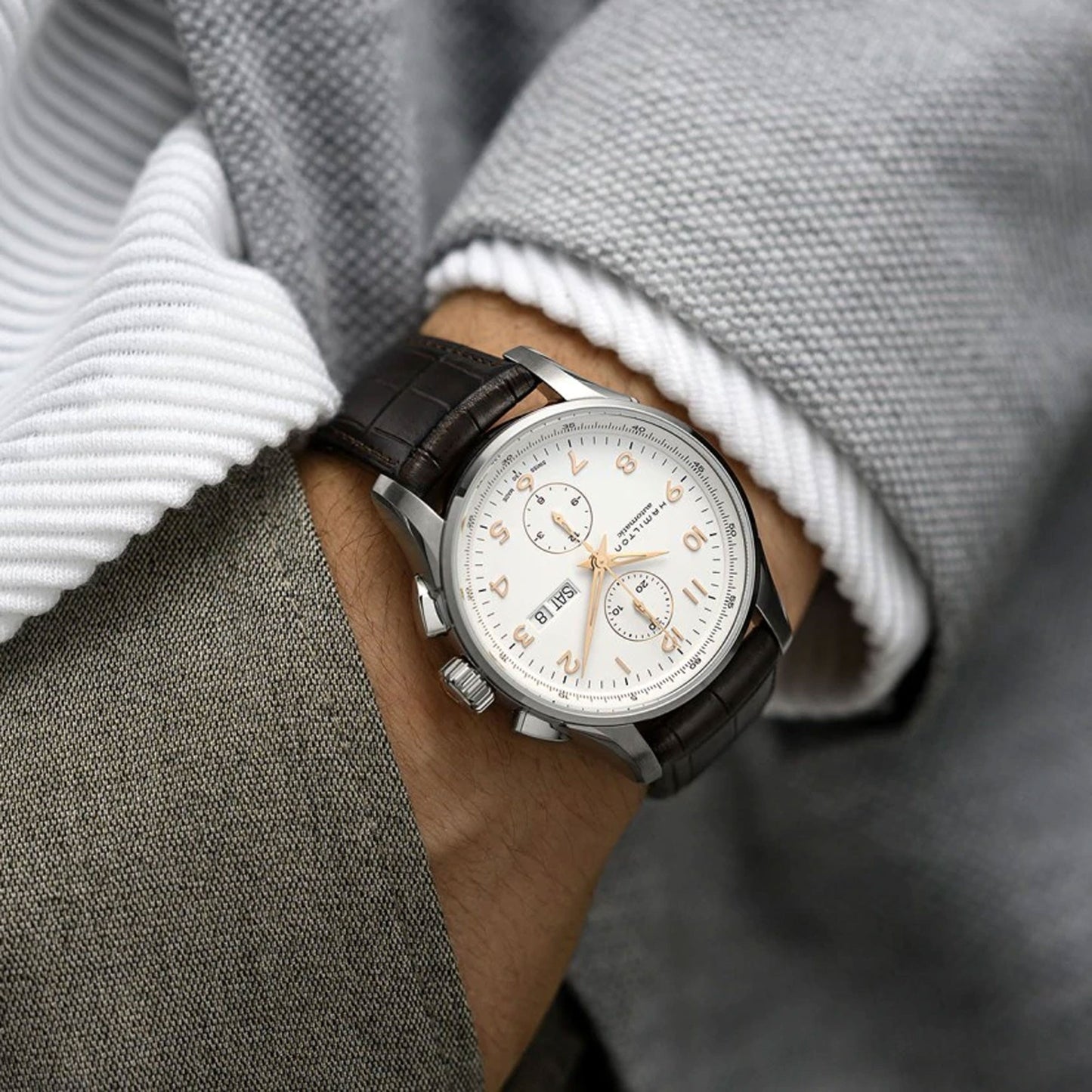 Jazzmaster Maestro Automatic Chronograph (White/Brown) | Hamilton | Luby