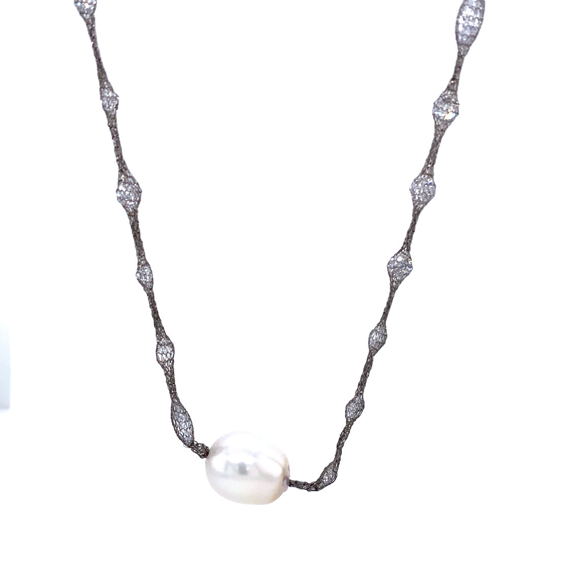 White Pearls & Cubic Zirconia Silver Mesh Long Necklace | Antipodes Pearl | Luby