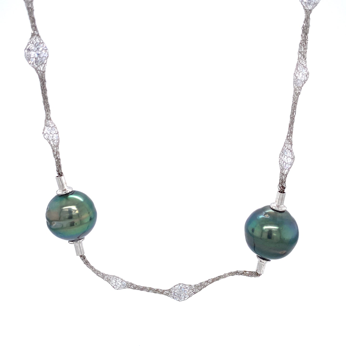 Iridescent Blue Pearls & Cubic Zirconia Silver Mesh Long Necklace | Antipodes Pearl | Luby