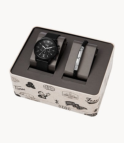 Neutra Chronograph Black Stainless Steel Mesh Watch and Bracelet Box Set | Fossil | Luby