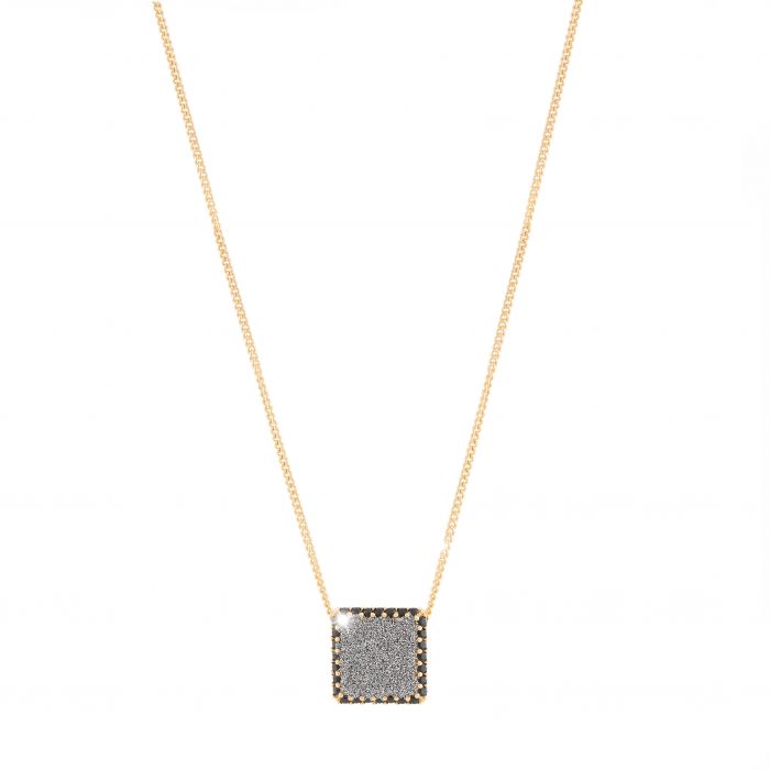 Jolie Necklace in Silver with Large Square Pendant with Diamond Dust and Black Stone | Rebecca | Luby