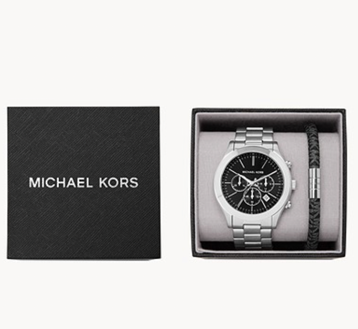 Michael Kors Slim Runway Chronograph Stainless Steel Watch and PVC Bracelet Set | Michael Kors | Luby