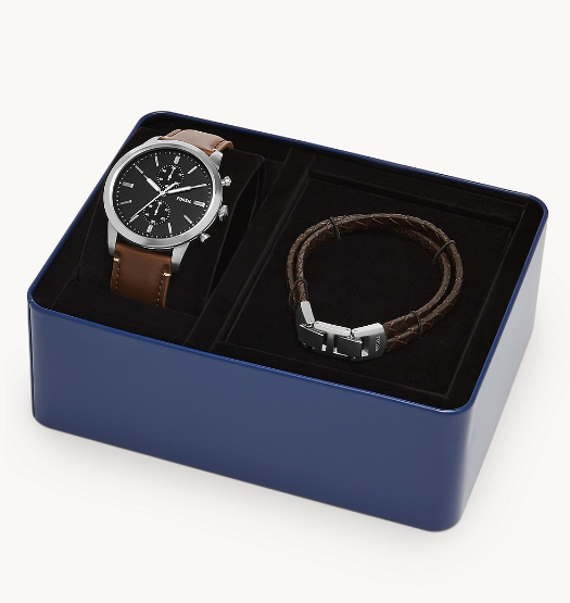 Townsman Chronograph Brown Eco Leather Watch and Bracelet Set | Fossil | Luby