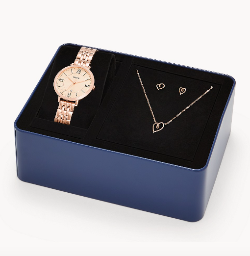 Jacqueline Three-Hand Date Rose Gold-Tone Stainless Steel Watch and Jewelry Set | Fossil | Luby