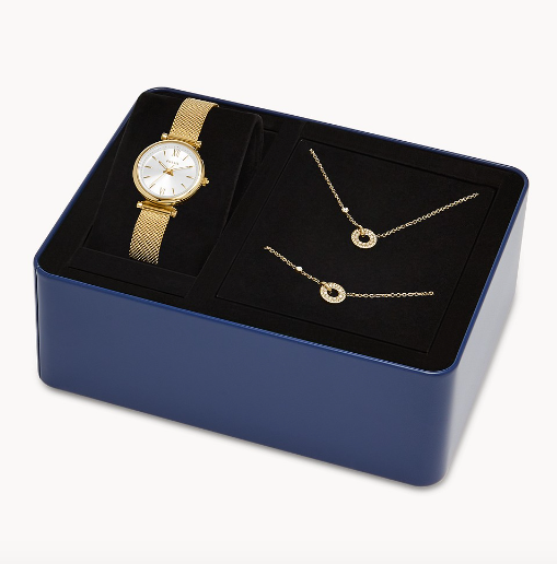 Carlie Three-Hand Gold-Tone Stainless Steel Mesh Watch and Jewelry Set | Fossil | Luby