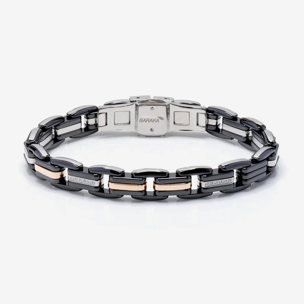 Black ceramic bracelet with stainless steel, rose gold and white diamonds. | Baraka | Luby