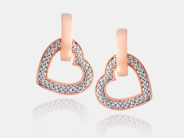 Rose Gold Dangling Hearts with Silver Mesh Earrings | Adami & Martucci | Luby
