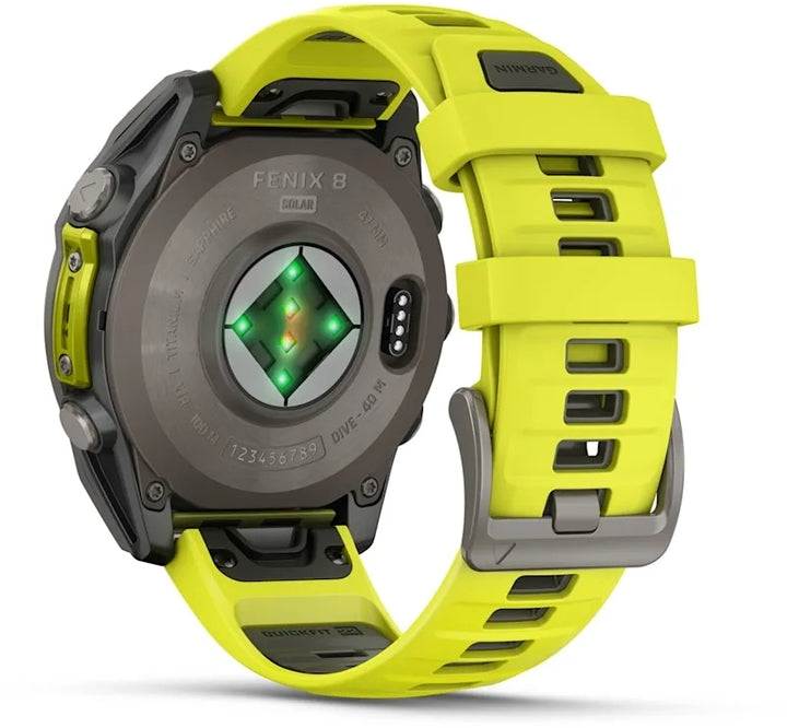 Fēnix® 8 – 47 mm, Solar Sapphire, Titanium with Amp Yellow/Graphite Silicone Band | Garmin | Luby 