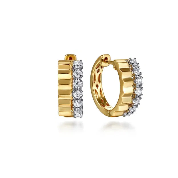 14K White Yellow Gold Diamond and Diamond Cut Huggie Earrings | Gabriel & Co. | Luby 