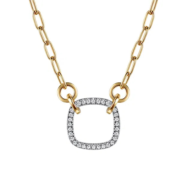 14K White Yellow Gold Open Cushion Shape Diamond Hollow Paperclip Chain Necklace | Gabriel & Co. | Luby 