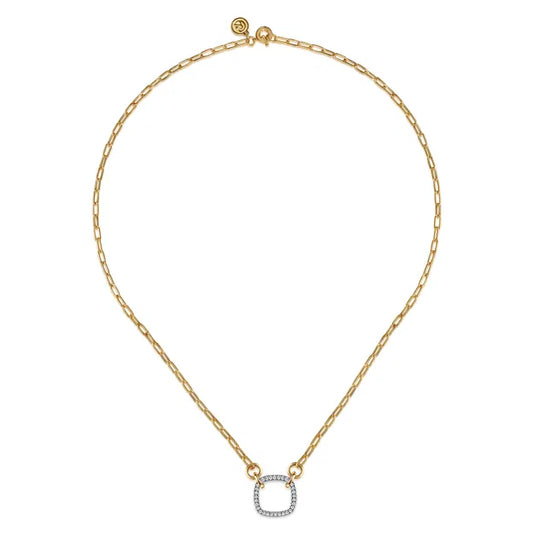 14K White Yellow Gold Open Cushion Shape Diamond Hollow Paperclip Chain Necklace | Gabriel & Co. | Luby 