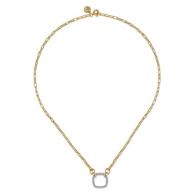 14K White Yellow Gold Open Cushion Shape Diamond Hollow Paperclip Chain Necklace
