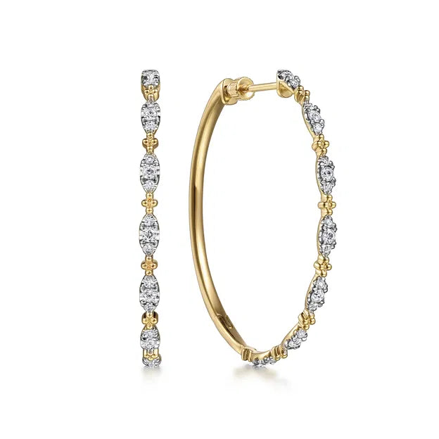 14K Yellow Gold 40mm Diamond Station Intricate Hoop Earrings | Gabriel & Co. | Luby 