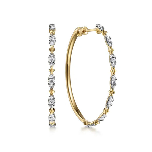14K Yellow Gold 40mm Diamond Station Intricate Hoop Earrings | Gabriel & Co. | Luby 