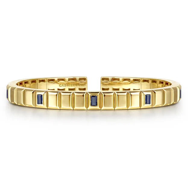 14K Yellow Gold Blue Sapphire Elongated Pyramid Bangle Bracelet | Gabriel & Co. Men's | Luby 