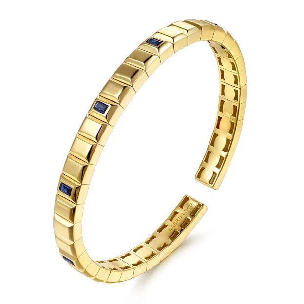 14K Yellow Gold Blue Sapphire Elongated Pyramid Bangle Bracelet | Gabriel & Co. Men's | Luby 