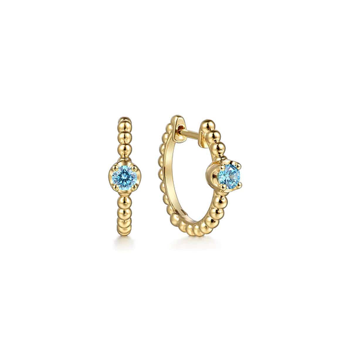 14K Yellow Gold Bujukan Blue Topaz 15mm Huggie Earrings | Gabriel & Co. | Luby 