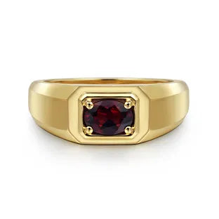 14K Yellow Gold Garnet Mens Ring in High Polish Finish