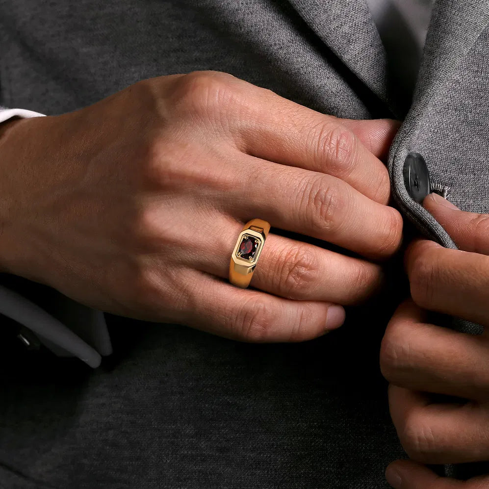 14K Yellow Gold Garnet Mens Ring in High Polish Finish | Gabriel & Co. Men's | Luby 
