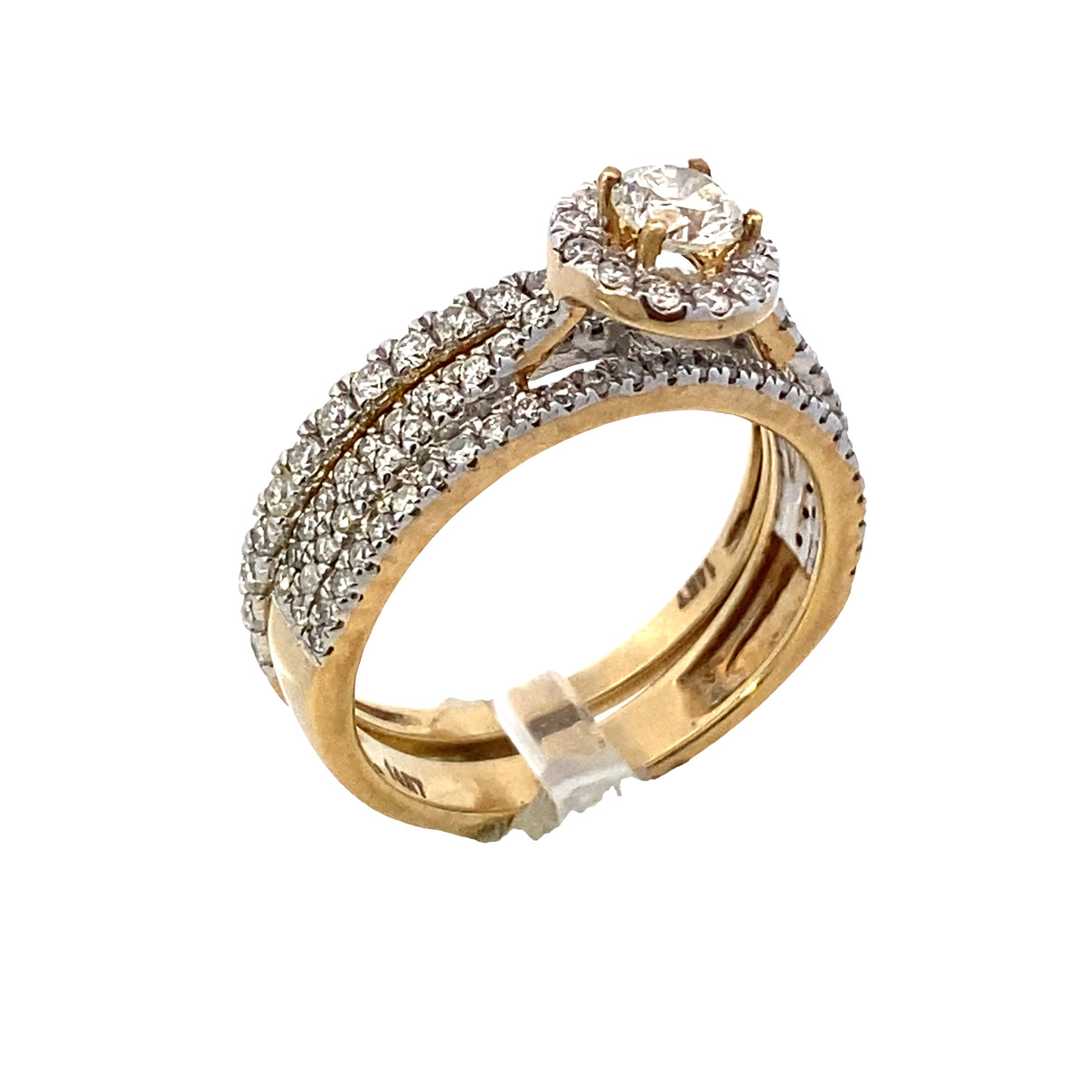 14k Triple Diamond Band Round-Cut Halo Diamond Yellow Gold Wedding Set | Luby Diamond Collection | Luby 