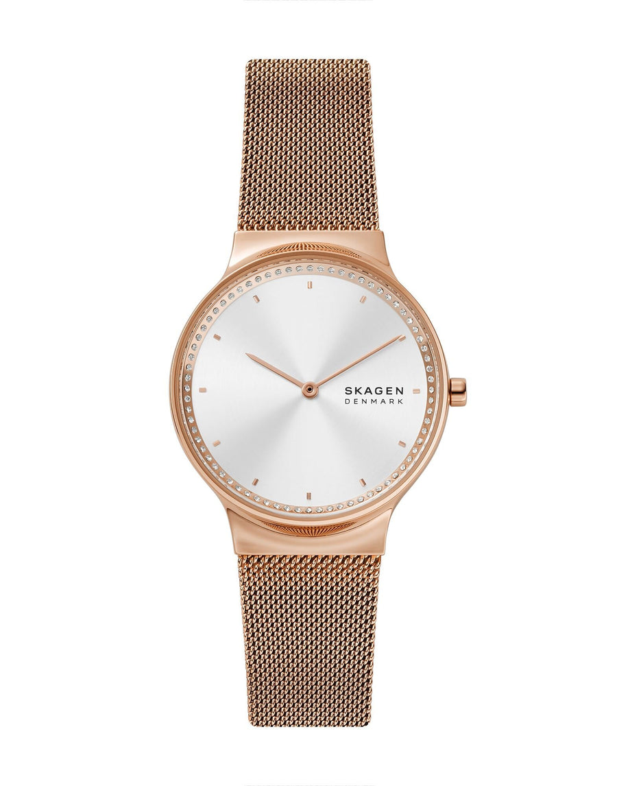 Reloj Freja de dos manecillas de malla de acero inoxidable en tono dorado rosa