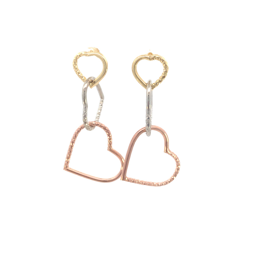 14K 3-color / 3 Heart Dangle Earrings