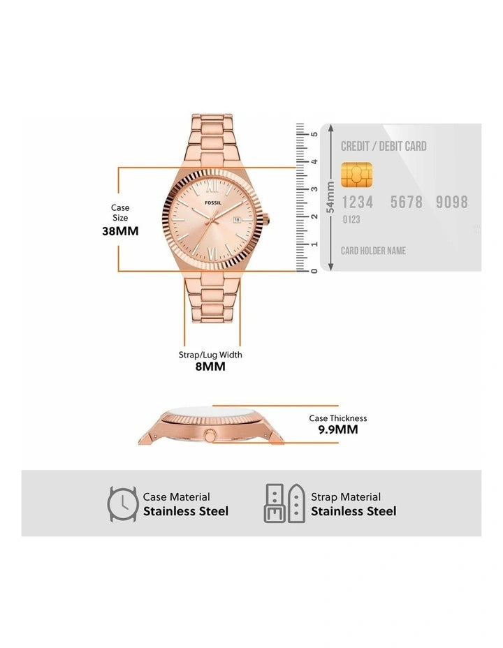 Scarlette Three-Hand Date Rose Gold-Tone Stainless Steel Watch | Fossil | Luby 