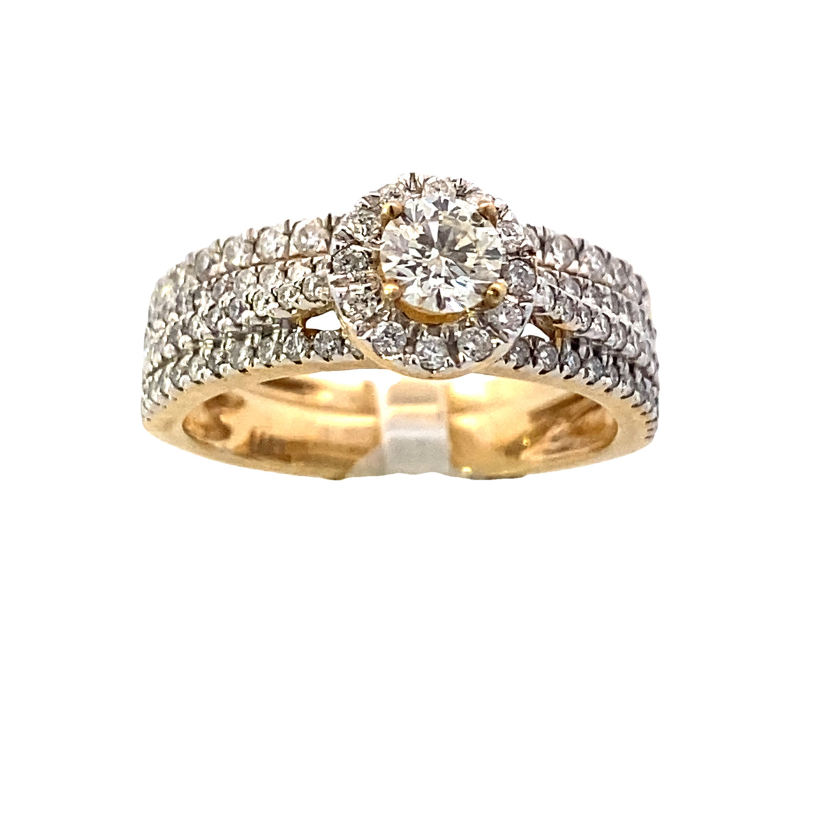 14k Triple Diamond Band Round-Cut Halo Diamond Yellow Gold Wedding Set | Luby Diamond Collection | Luby 