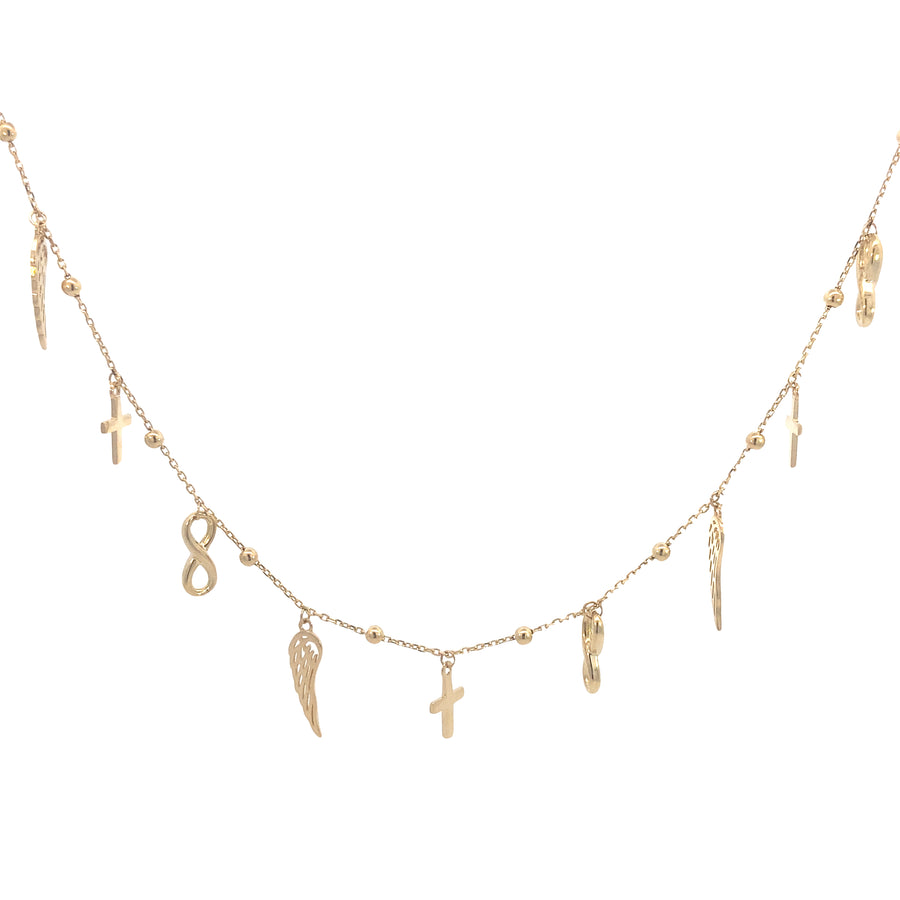 14K Gold Necklace with Dangle Charms Infinity, Cross and Wings