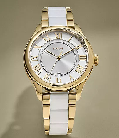 Gilmore Three-Hand Date Gold-Tone and White Ceramic Watch | Fossil | Luby 